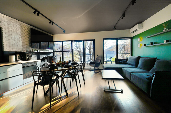 Open space cu living, dining și vedere spre Lacul Paltinu în Vila 2