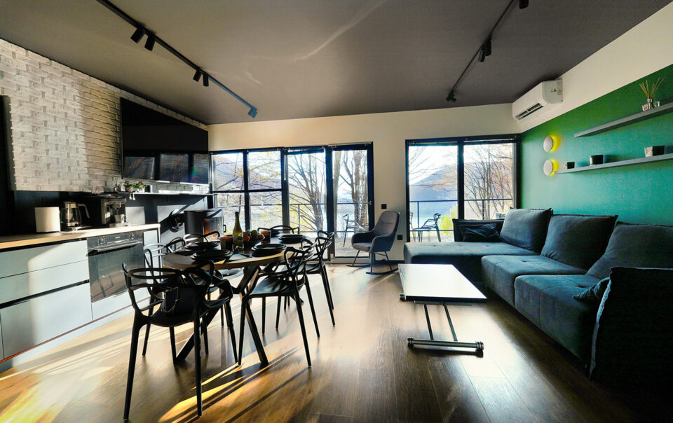 Open space cu living, dining și vedere spre Lacul Paltinu în Vila 2